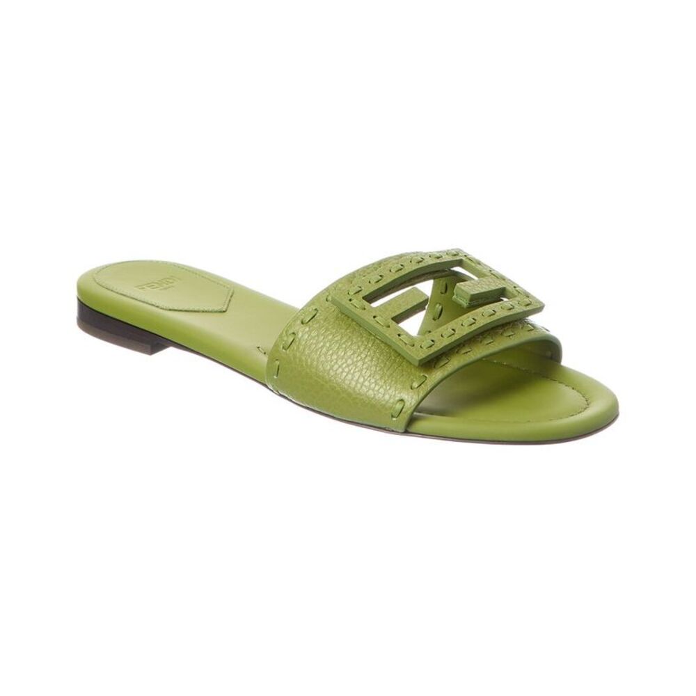 Fendi Baguette Leather Flat Sanda, Green